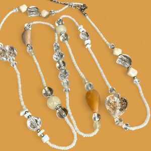 Napier Natural Stone Necklace w/ Crystal Glitter Heart & Seed Beads 44 Inches